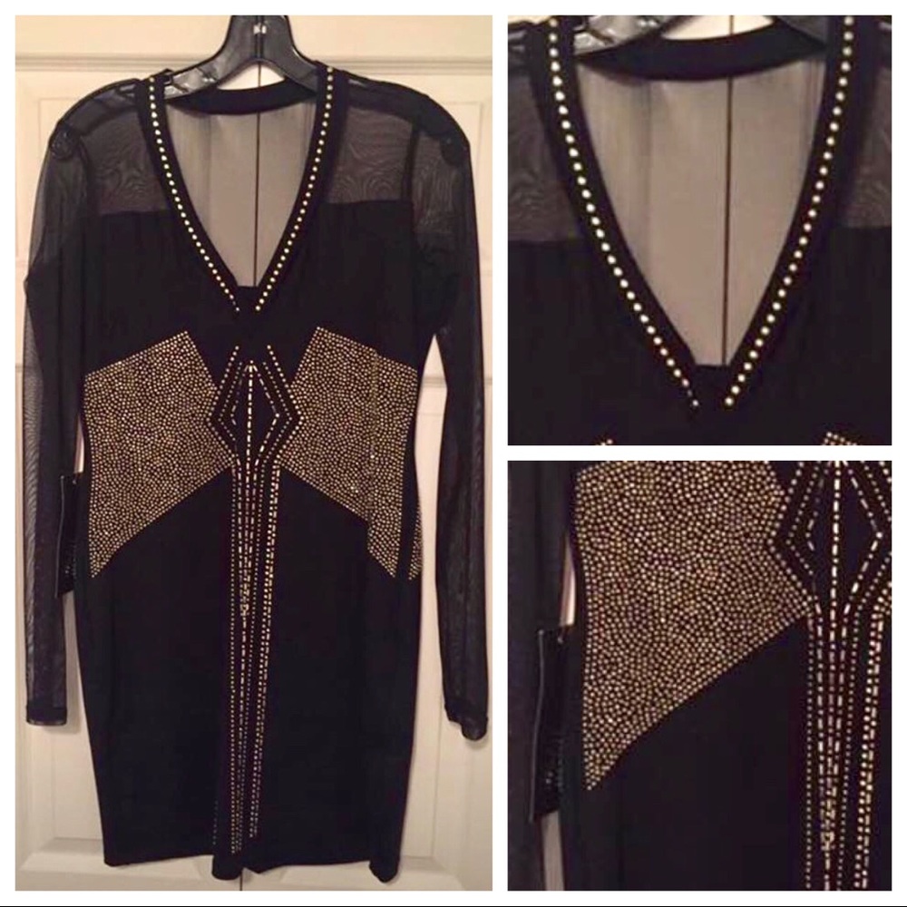 NWT Bebe bodycon- black with gold rhinestones